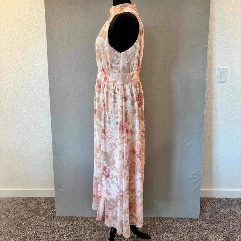 JJ's House Pearl Pink Floral Chiffon Halter Maxi Dress A-Line Wedding Guest L - Picture 5 of 10